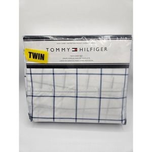 Tommy Hilfiger 3 pc Tull Sheet Set Blue Windowpane Blue White NWT‎